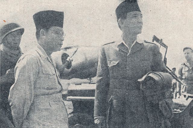 Sukarno and Mohammad Hatta before their exile to Brastagi, North Sumatra by B-25. Yogyakarta.
